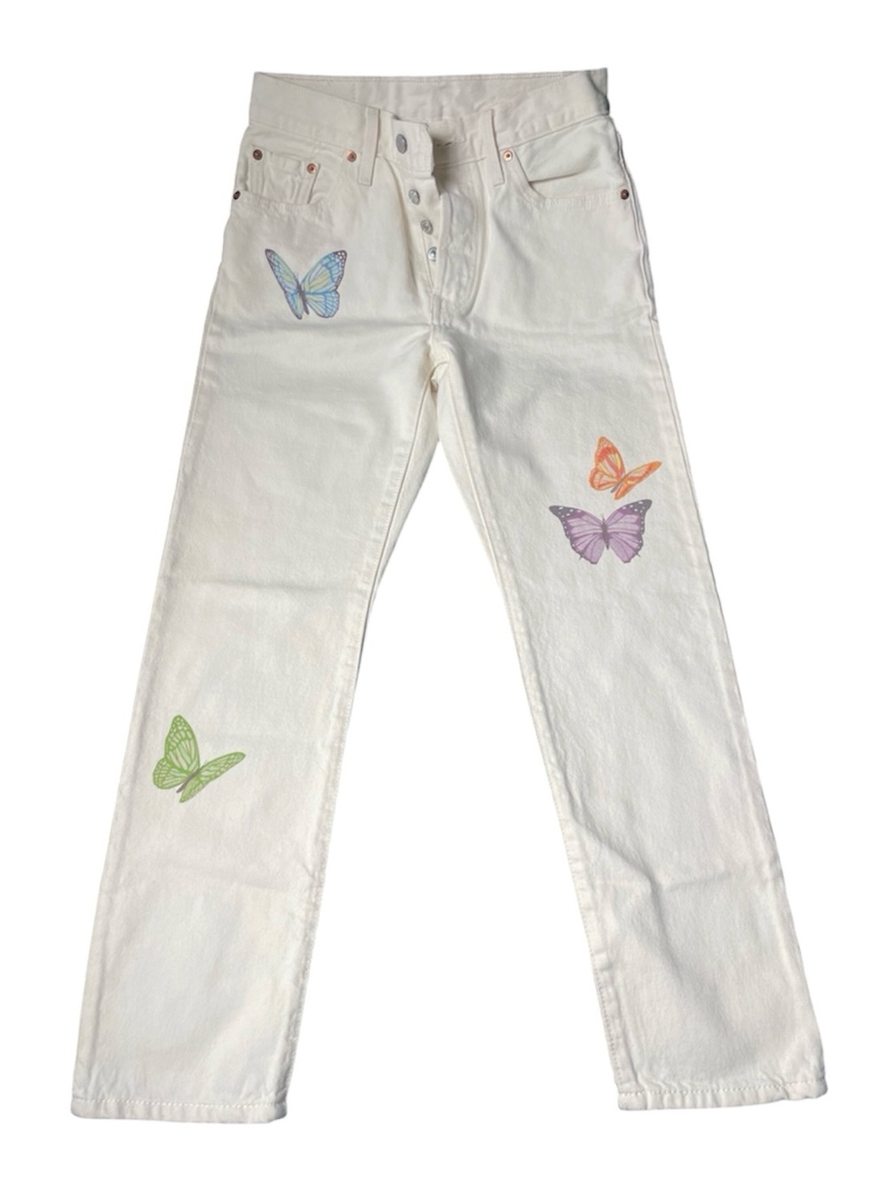 Levi's White Straight-Leg Jeans with Multicolor Butterfly Accents